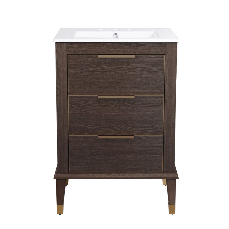 Hugo 24 in. Brown Oak Bathroom Vanity With White, 3-Hole Ceramic Sink Top