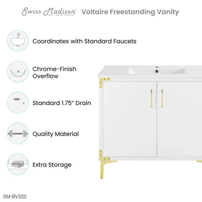 Voltaire 36" Single, Bathroom Vanity in White with Gold Hardware