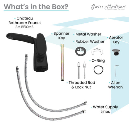 Single-handle bathroom faucet in matte black with curved spout and smooth lever handle.