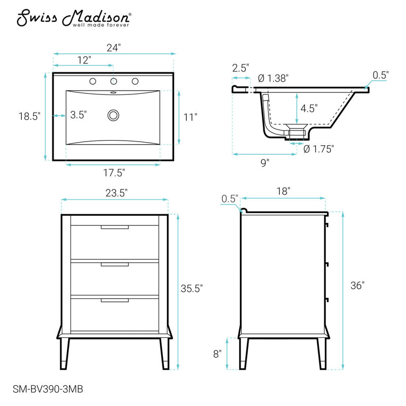 Hugo 24 in. Brown Oak Bathroom Vanity With Black, 3-Hole Ceramic Sink Top