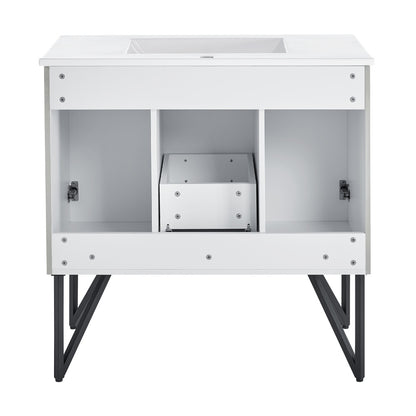 36-inch freestanding bathroom vanity in gray, single sink, soft-close doors, metal legs.