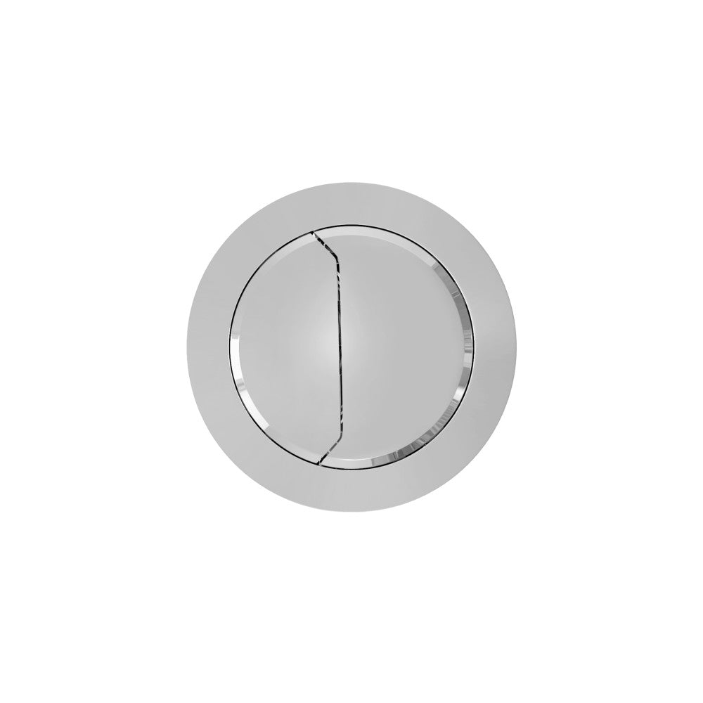 Round dual-flush toilet flush button in chrome finish, split design for two flush options.