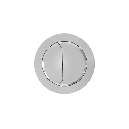 Round dual-flush toilet flush button in chrome finish, split design for two flush options.