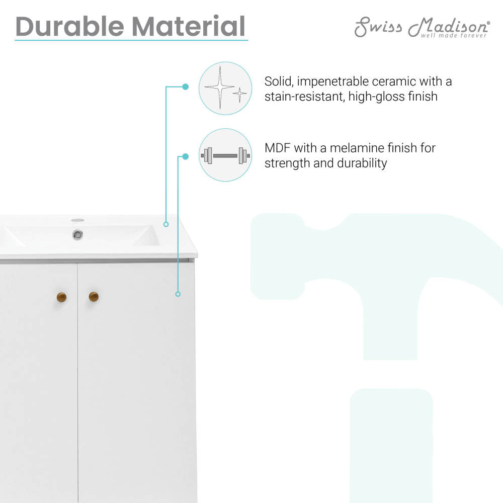 24-inch freestanding white bathroom vanity with single sink and soft-close doors.