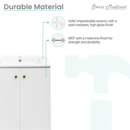 24-inch freestanding white bathroom vanity with single sink and soft-close doors.