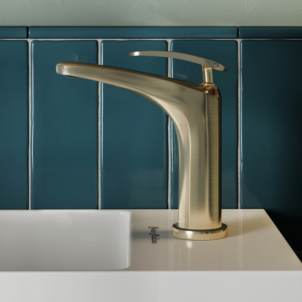 Single-handle bathroom faucet in brushed gold with sleek curved spout and lever handle.