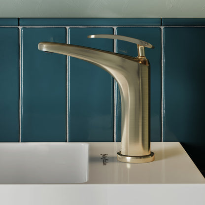 Single-handle bathroom faucet in brushed gold with sleek curved spout and lever handle.