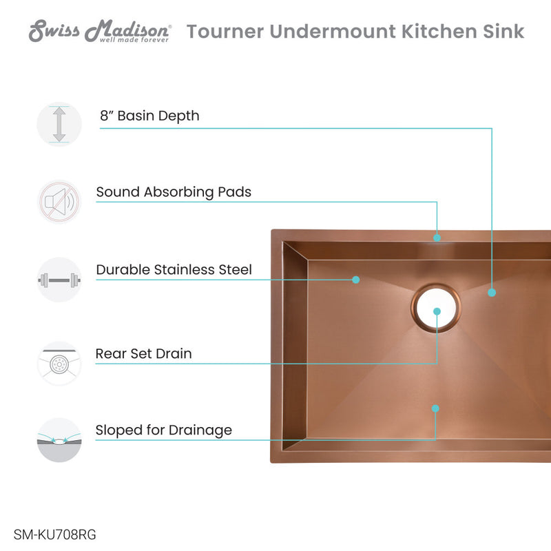 Tourner 26 x 18 Stainless Steel, Single Basin, Undermount Kitchen Sink, Rose Gold