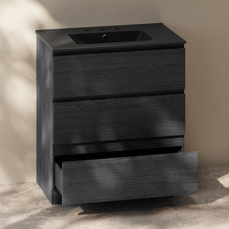 Liberte 30" Freestanding Bathroom Vanity in Black Oak with Black 3-Hole Widespread Sink Top