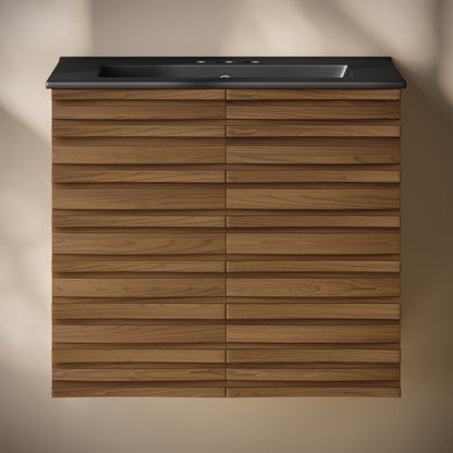 Cascade 24" Wall-Mounted Bathroom Vanity in Brown Oak with Black 3-Hole Centerset Sink Top