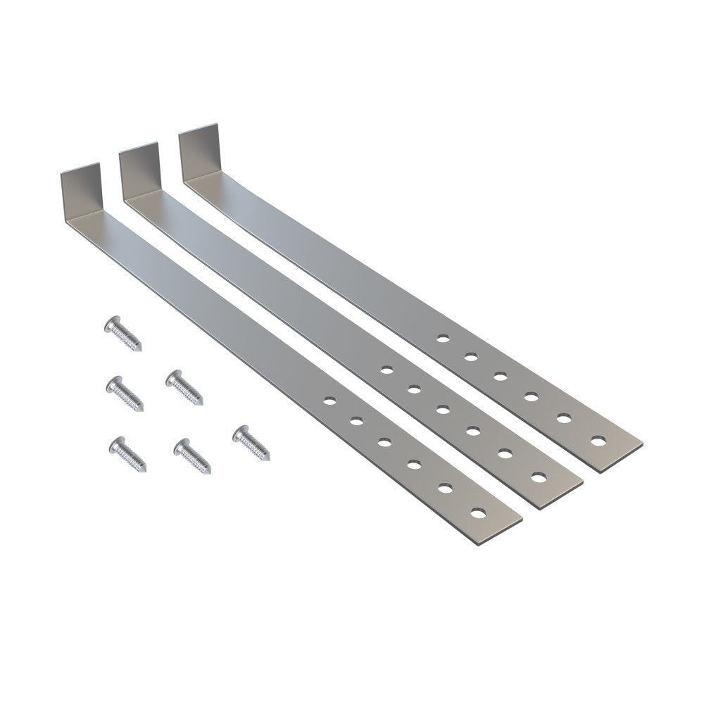 Stainless steel bathtub apron bars with multiple mounting holes and included screws.