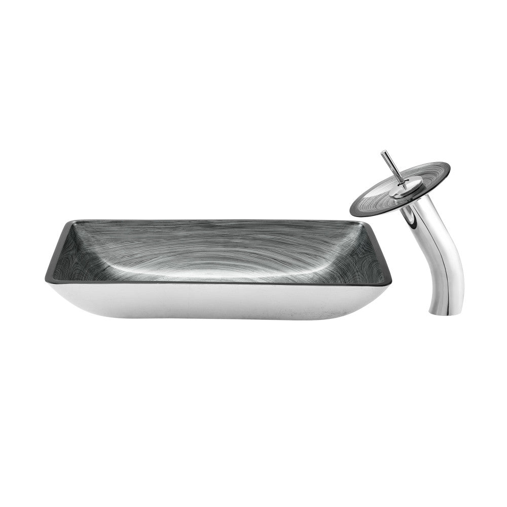 Cascade Rectangular Glass Vessel Sink with Faucet, Smoky Gray
