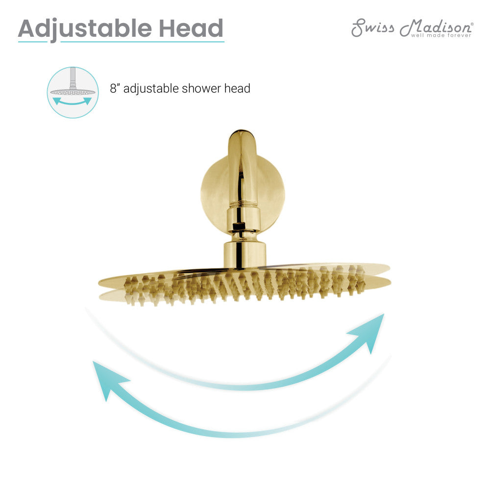 8" wall-mounted fixed shower head in brushed gold with single-handle control.