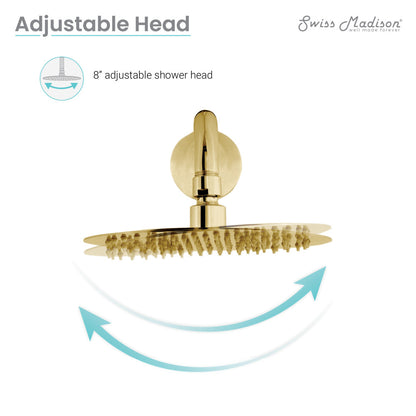 8" wall-mounted fixed shower head in brushed gold with single-handle control.