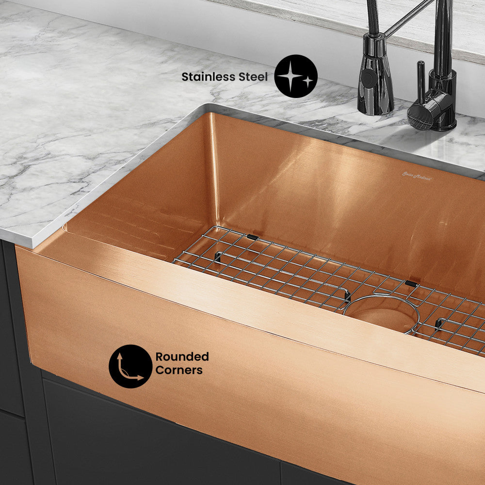 Rivage 33 x 21 Stainless Steel, Single Basin, Farmhouse Kitchen Sink with Apron in Rose Gold