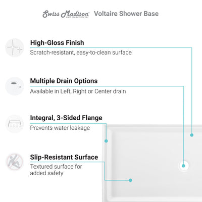 Voltaire 60" x 34" Acrylic White, Single-Threshold, Center Drain, Shower Base