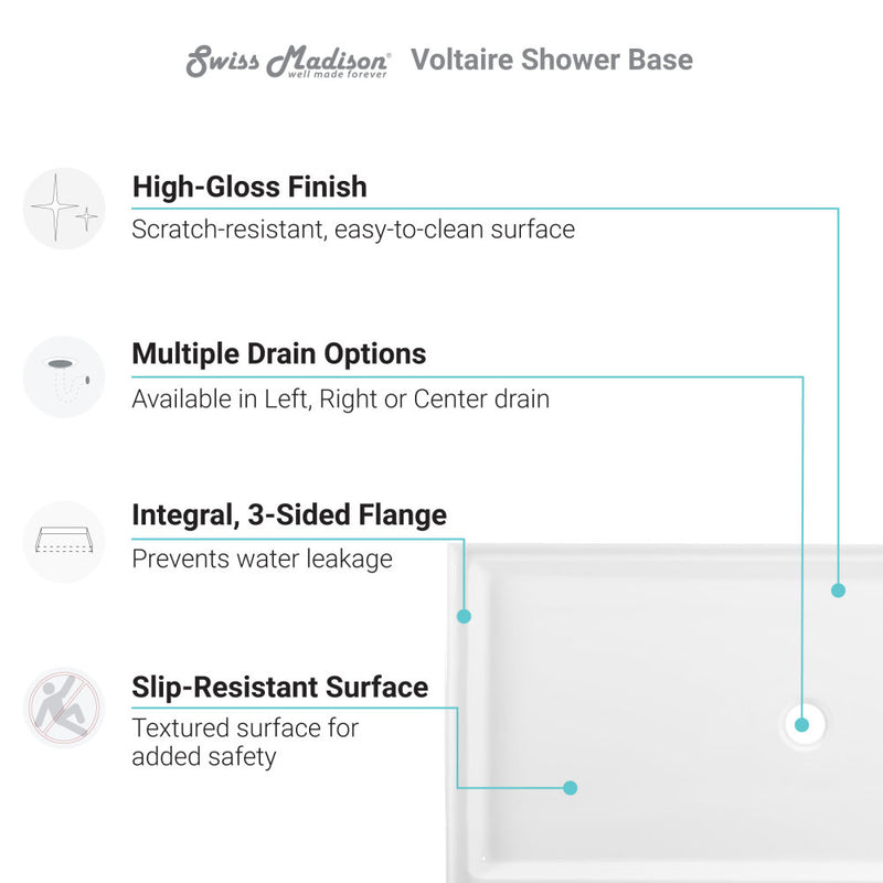 Voltaire 60" x 34" Acrylic White, Single-Threshold, Center Drain, Shower Base