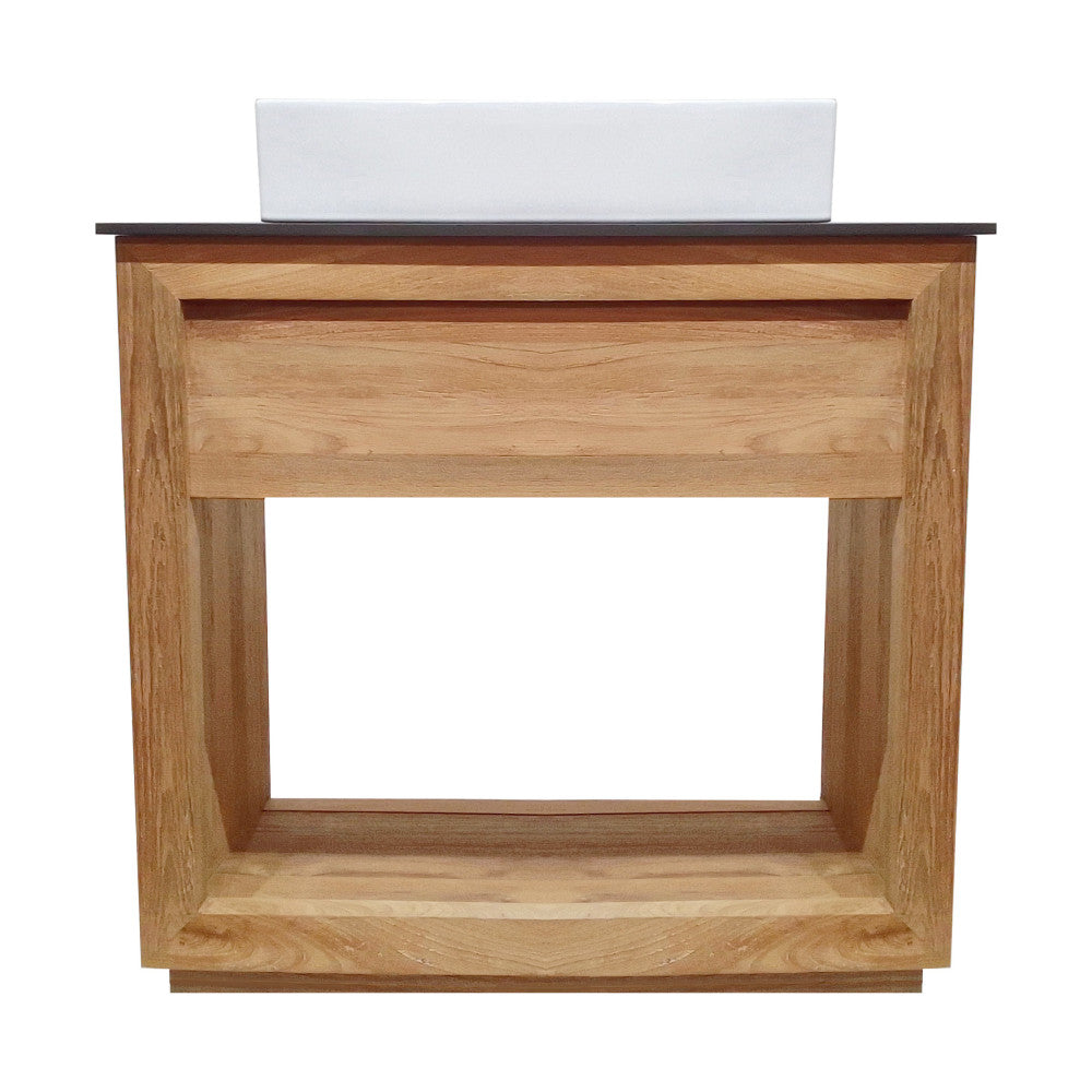 36-inch freestanding natural teak bathroom vanity with single sink and open bottom shelf.