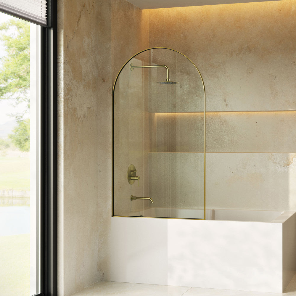 Porte 34 x 58 Framed Fixed 3/8 in. (10mm) Clear Tempered Glass Tub Door with Brushed Gold Frame