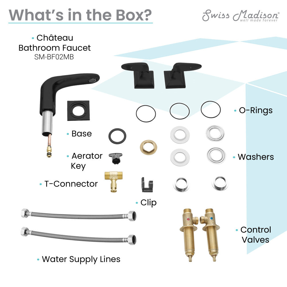 Widespread bathroom faucet in matte black, two-handle design with separate control valves and water supply lines.