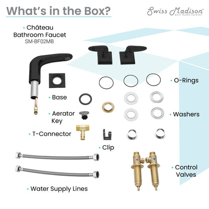 Widespread bathroom faucet in matte black, two-handle design with separate control valves and water supply lines.