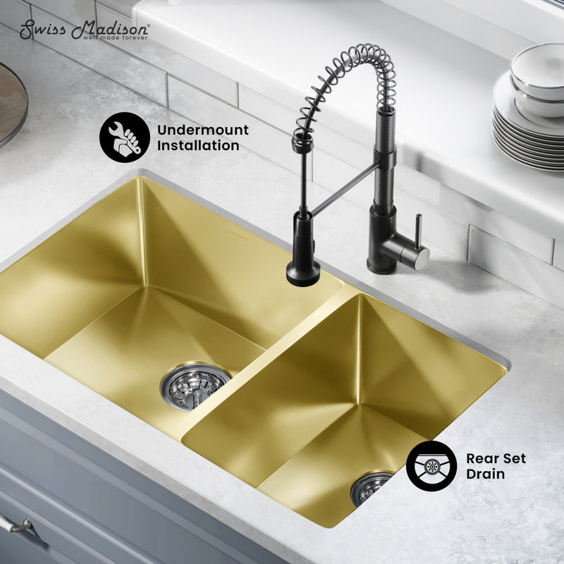 Rivage 33 x 20 Stainless Steel, Dual Basin, Undermount Kitchen Sink in Gold