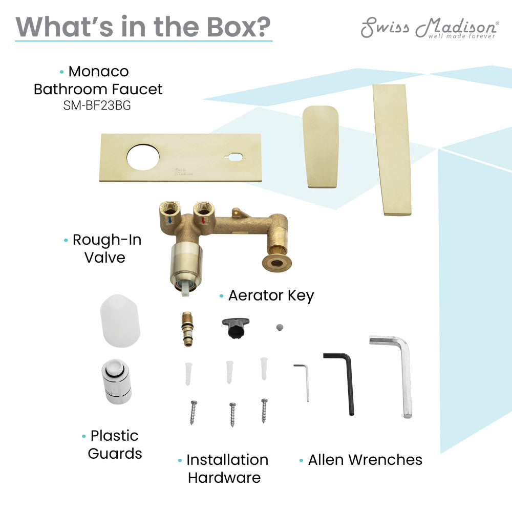 Monaco wall-mount bathroom faucet in brushed gold, single-handle with rough-in valve and installation tools.