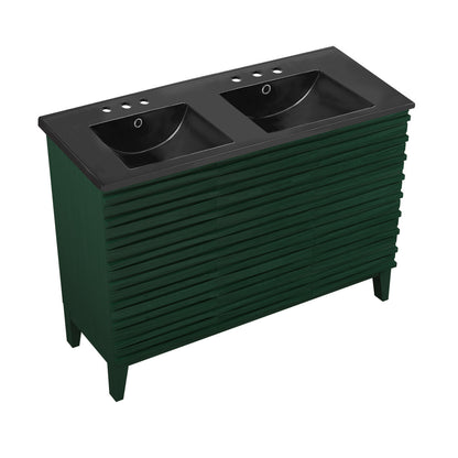 Cascade 48" Freestanding Bathroom Vanity in Green Oak with Black 3-Hole Centerset Double Basin Sink Top