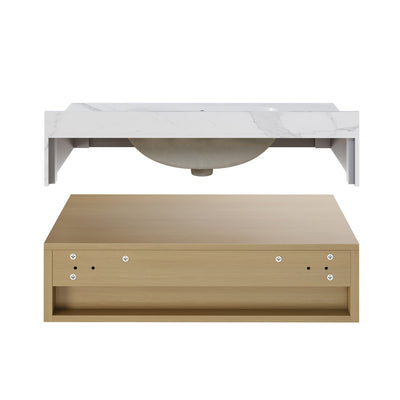 Avancer 36" Wall-Mounted Bathroom Vanity in Natural Oak with White Marble Sink Top