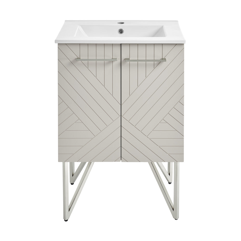 24-inch freestanding bathroom vanity in greige with single sink and chevron patterned doors.