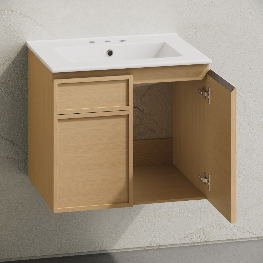 St. Tropez 24" Wall-Mounted Bathroom Vanity in Natural Oak with 3-Hole Centerset Sink Top