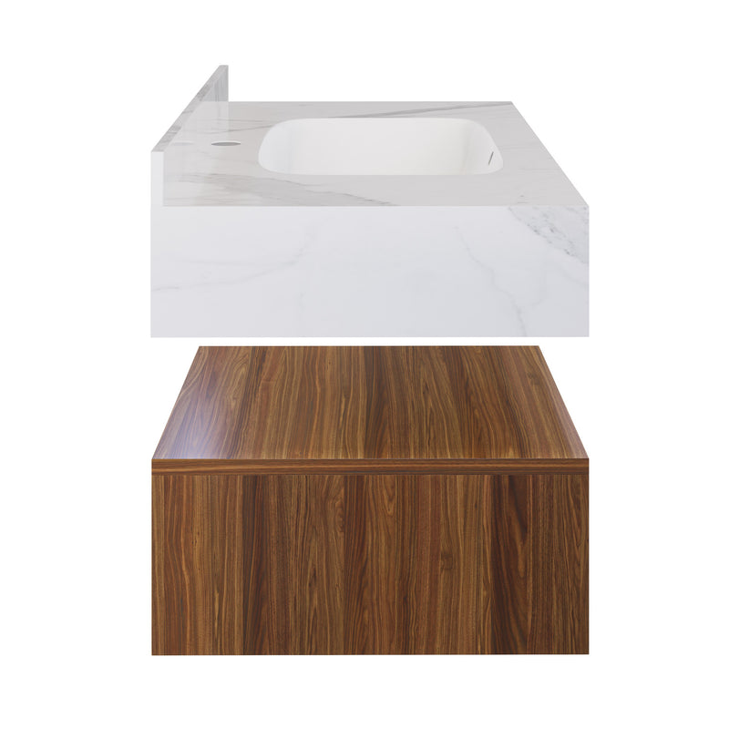 Avancer 36" Wall-Mounted Bathroom Vanity in Brown Oak with White Marble Sink Top