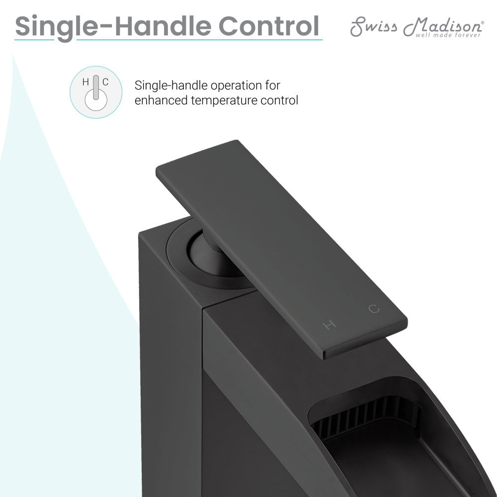 Single-handle bathroom faucet in matte black, high arc waterfall spout.