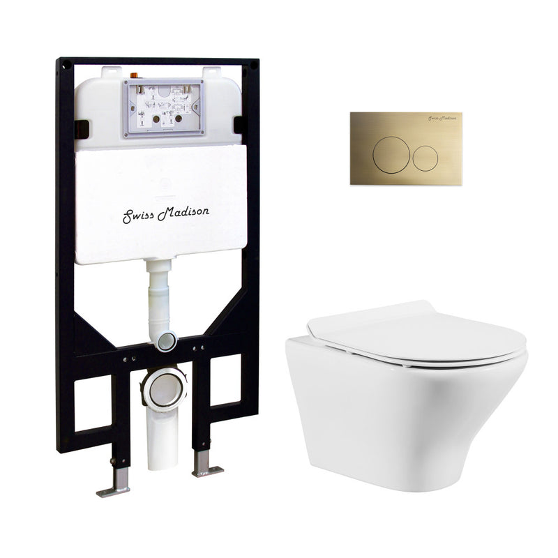 Monaco Wall-Hung Toilet Bundle 0.8/1.6 GPF Dual Flush in Glossy White with Brass Flush Plate