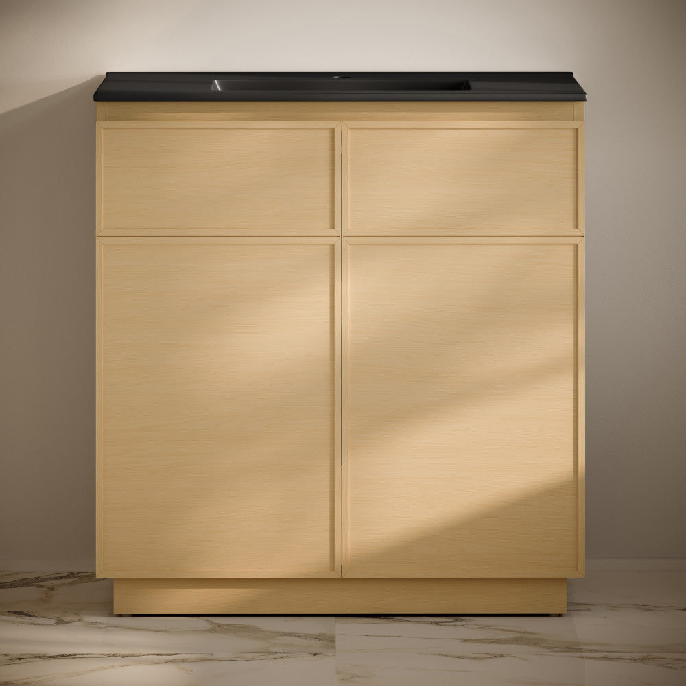 St. Tropez 36" Freestanding Bathroom Vanity in Natural Oak with Black Sink Top