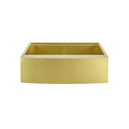 33 x 22 gold stainless steel farmhouse kitchen sink with single basin and apron front.