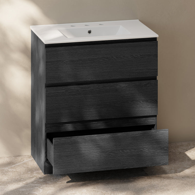 Liberte 30" Freestanding Bathroom Vanity in Black Oak with 3-Hole Widespread Sink Top