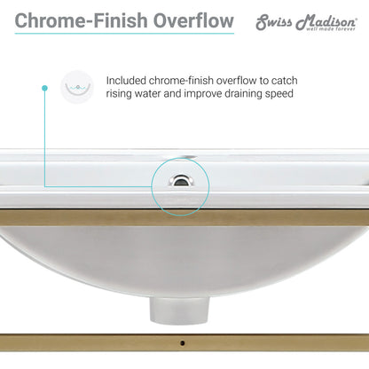 30-inch wall-mount bathroom vanity in gold metal frame with white sink and open shelf.