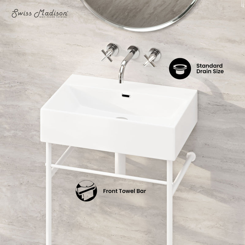 Claire 24" Rectangle Zero Hole Console Sink with Matte White Legs