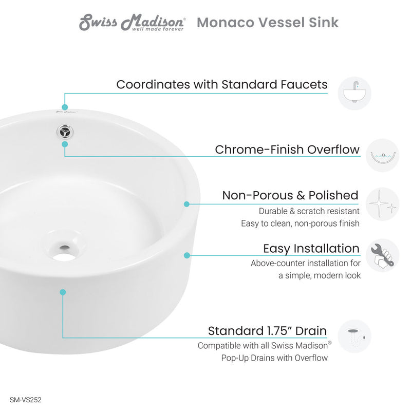 Monaco Round Ceramic Bathroom Vessel Sink in White