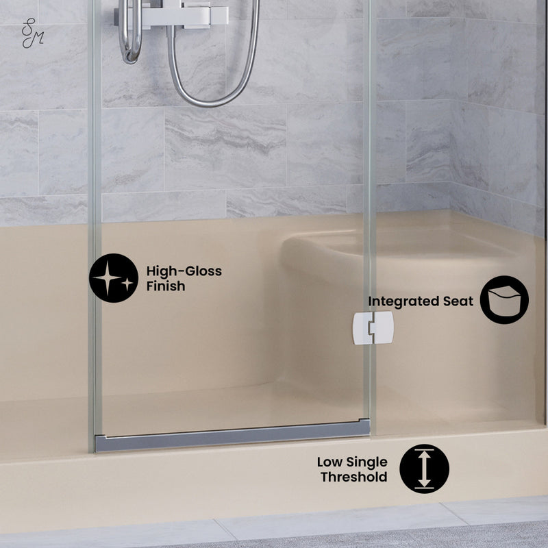 Aquatique 60" x 32" Single Threshold Shower Base With Left Hand Drain and Integral Right Hand Seat in Biscuit