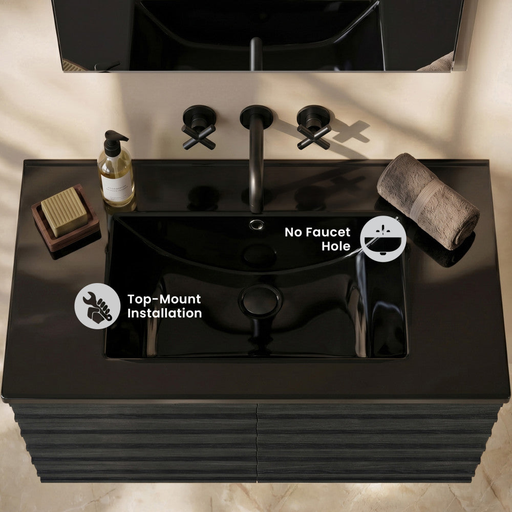 30" Zero Hole Vanity Sink Top in Glossy Black
