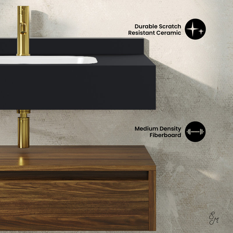 Avancer 36" Wall-Mounted Bathroom Vanity in Brown Oak with Black Marble Sink Top