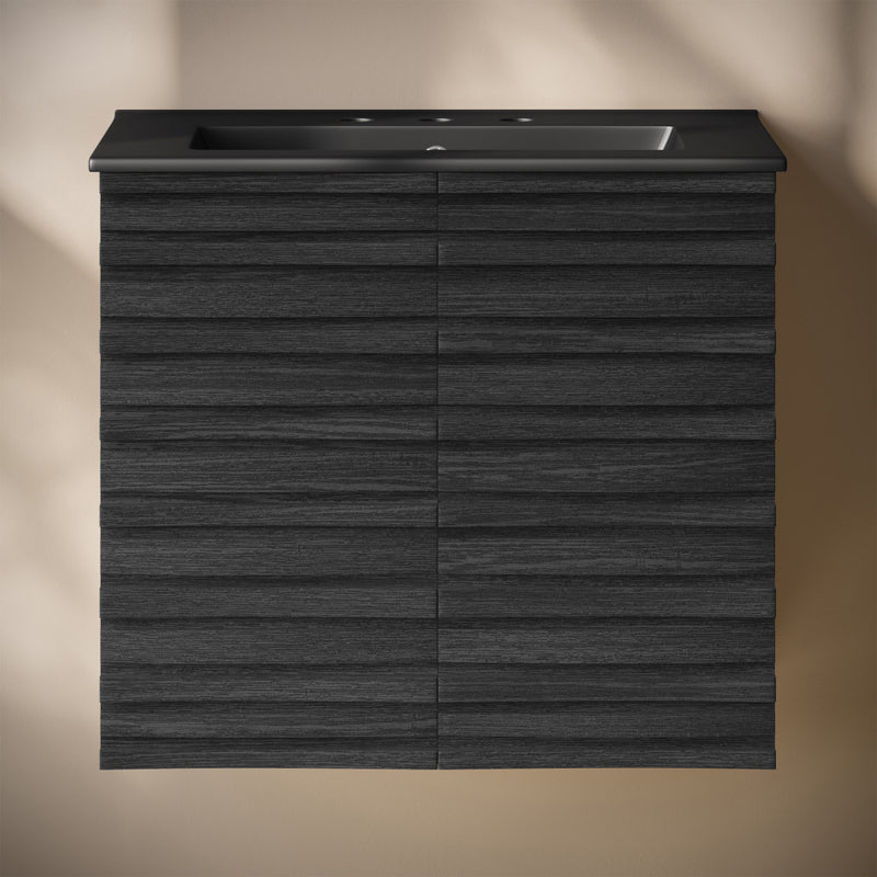 Cascade 24" Wall-Mounted Bathroom Vanity in Black Oak with Black 3-Hole Widespread Sink Top