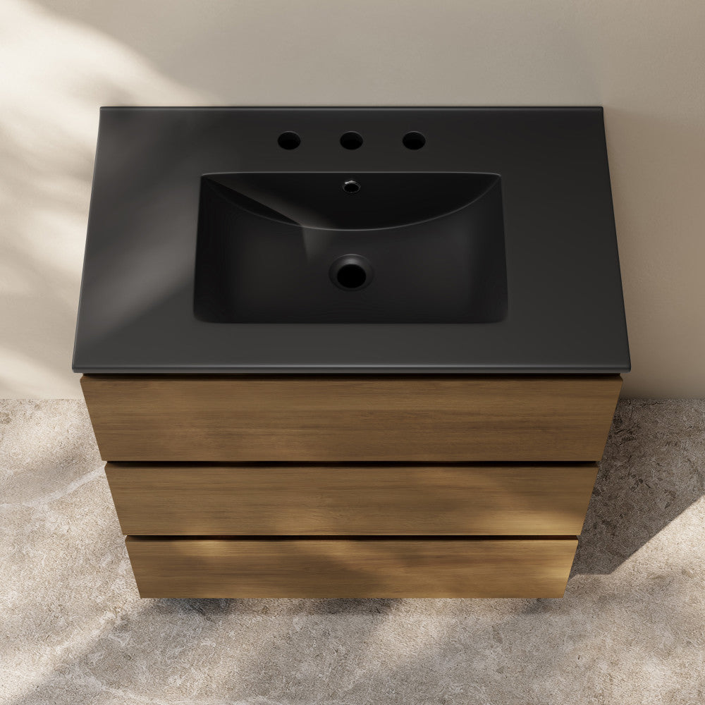 Liberte 30" Freestanding Bathroom Vanity in Brown Oak with Black 3-Hole Widespread Sink Top