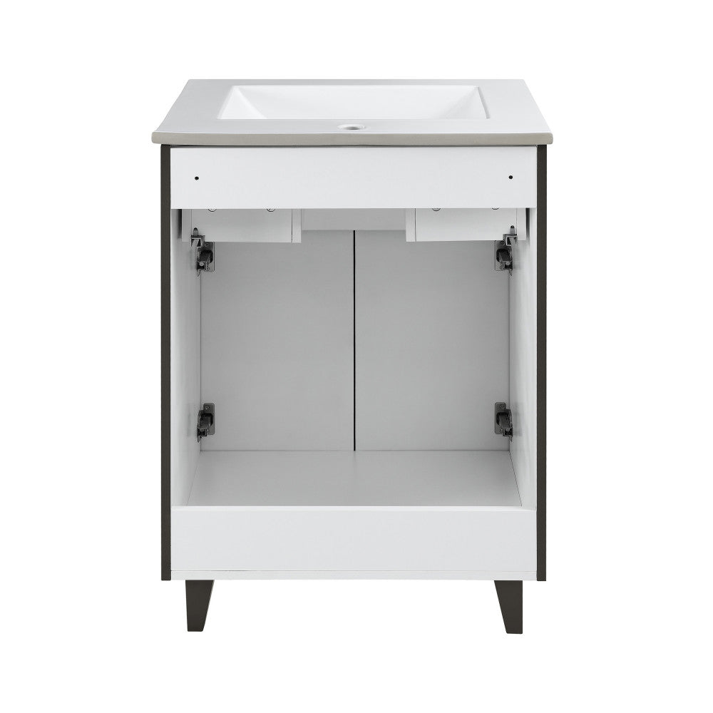 24-inch freestanding bathroom vanity in cedar gray with single sink and open storage space.