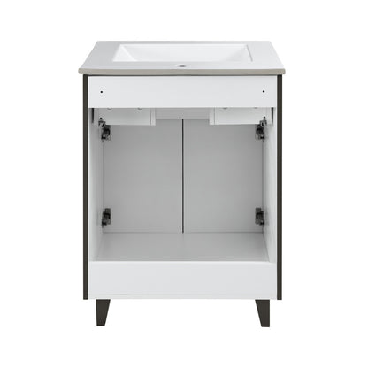 24-inch freestanding bathroom vanity in cedar gray with single sink and open storage space.