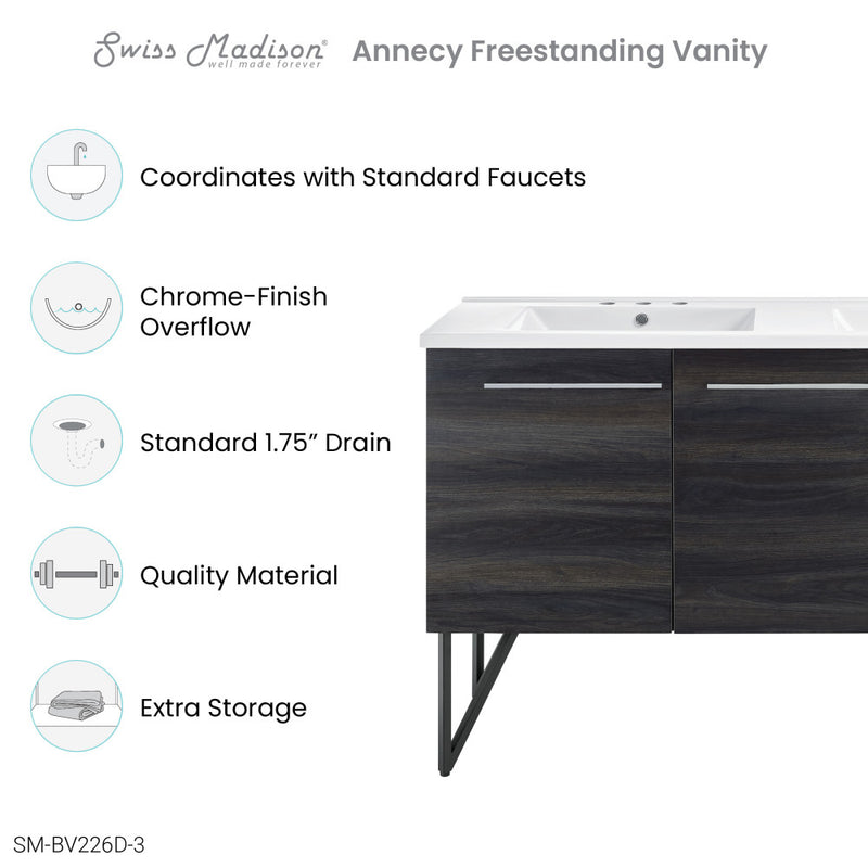 Annecy 60 in. Black Walnut, Double Basin Bathroom Vanity With White, 3-Hole Artificial Stone Sink Top