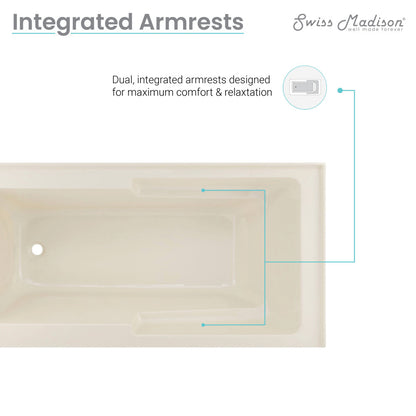 Alcove skirted bathtub 60 inch in bisque with left-hand drain and integrated armrests.
