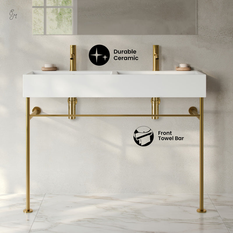 Claire 48" Double Basin Console Sink with Brushed Gold Legs